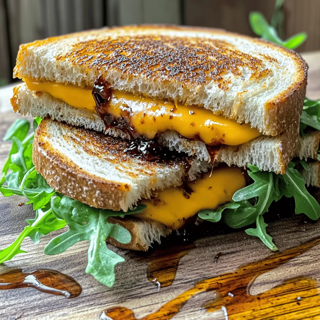 - 4 slices of sourdough bread - 1 cup sharp cheddar cheese, shredded - 1 cup creamy goat cheese, softened - 1/2 cup balsamic fig jam (store-bought or homemade) - 2 tablespoons unsalted butter, softened - Fresh arugula, for garnish - Salt and pepper, to taste