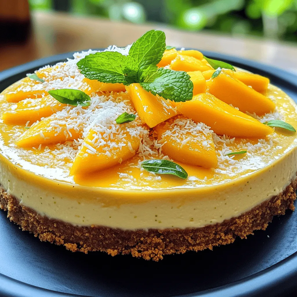 To make a tropical mango cheesecake, you need key ingredients that create a rich flavor. First, mango is the star of this dessert. It adds a sweet and fruity taste that shines through. I use pureed ripe mango, about two medium mangoes. This provides the bright mango flavor that makes this cheesecake special.