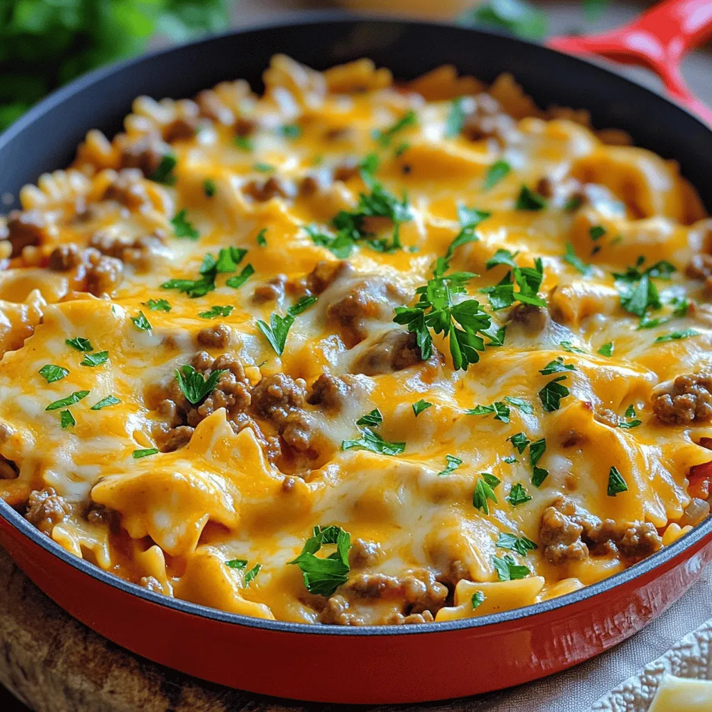 To make Cheesy Beef and Bowtie Pasta, you need some key ingredients. Here’s the list: - 8 oz bowtie pasta - 1 lb ground beef - 1 medium onion, finely chopped - 2 cloves garlic, minced - 1 can (14 oz) diced tomatoes with herbs - 1 cup beef broth - 1 cup shredded cheddar cheese - 1 cup shredded mozzarella cheese - 1 teaspoon Italian seasoning - Salt and pepper to taste - 2 tablespoons olive oil
