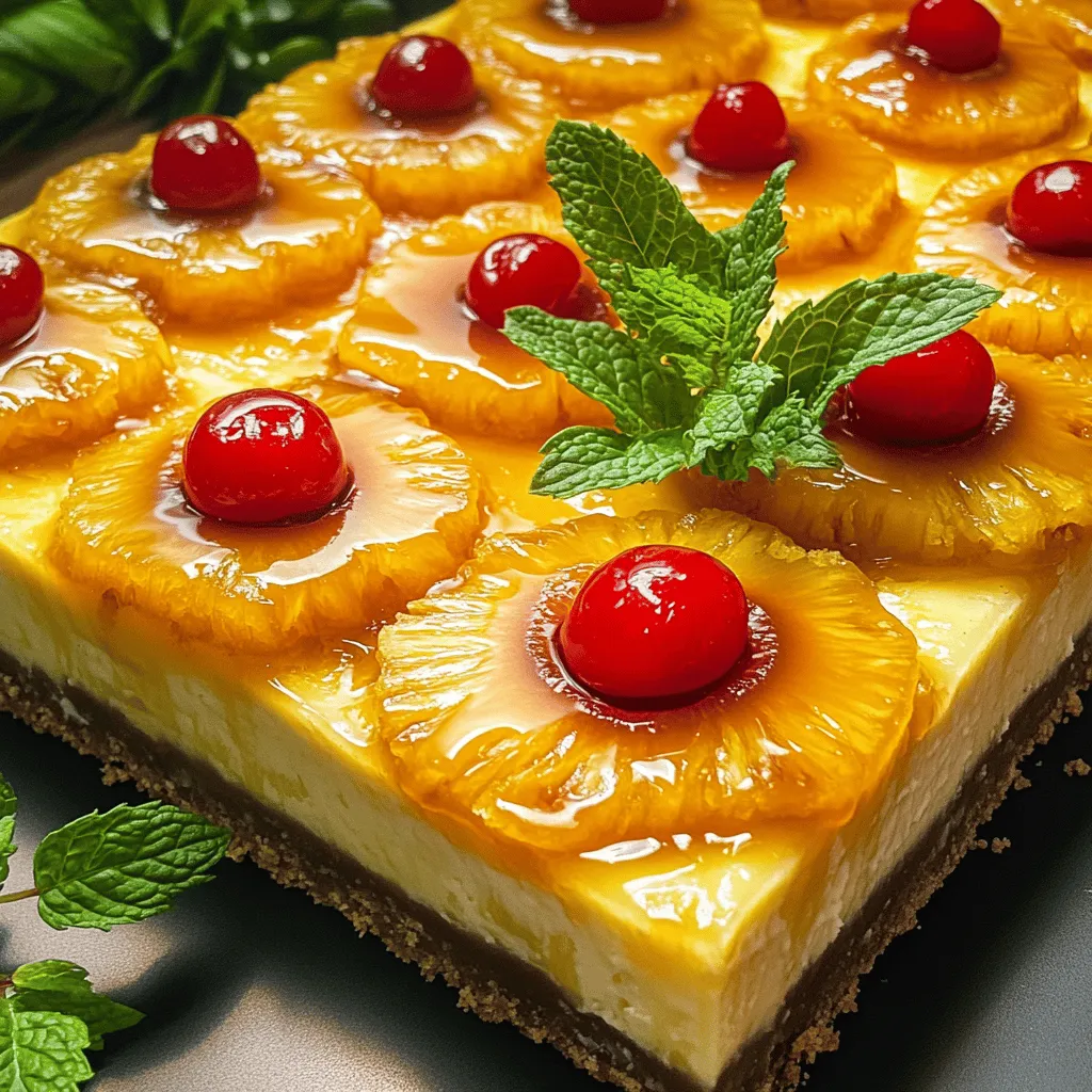 - 1 cup graham cracker crumbs - 1/4 cup unsalted butter, melted - 1/2 cup brown sugar - 1 can (20 oz) pineapple slices in juice, drained - 1/2 cup maraschino cherries, drained - 16 oz cream cheese, softened - 1 cup granulated sugar - 1 teaspoon vanilla extract - 2 large eggs - 1 cup sour cream - 1 tablespoon lemon juice - 1/4 teaspoon salt