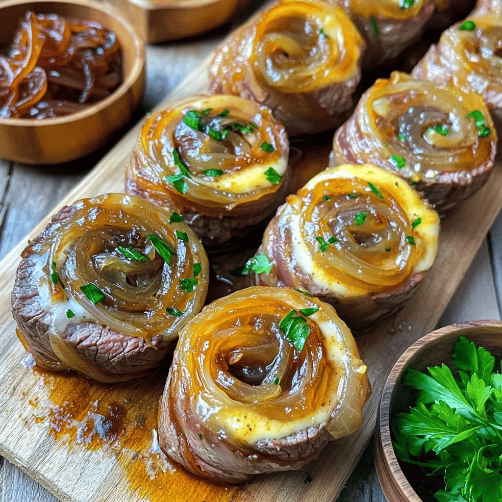 To create tasty French onion steak pinwheels, you need a few simple ingredients. Start with 1 pound of flank steak. This cut is thin and easy to roll. You will also need 2 large onions, sliced thin. They will caramelize well and add sweetness.