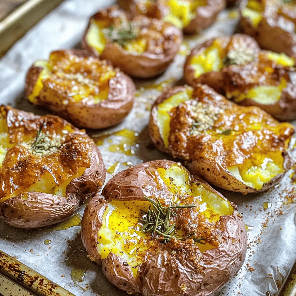 To make crispy smashed potatoes, you need just a few simple ingredients. First, gather 1.5 pounds of baby or small Yukon gold potatoes. You will also need olive oil, garlic powder, smoked paprika, salt, pepper, fresh rosemary, and optional vegan Parmesan cheese. These ingredients combine to create a tasty dish.