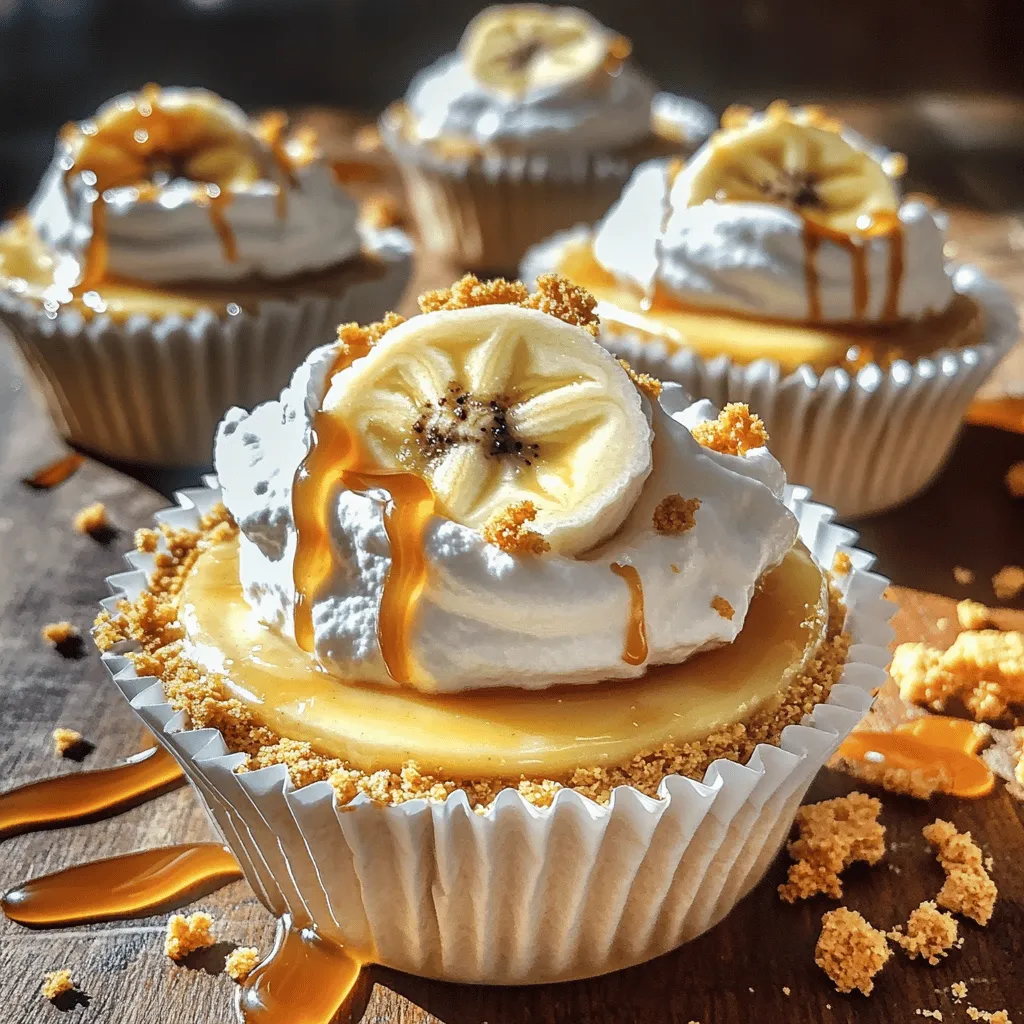 To make irresistible mini banana pudding cheesecakes, you need some key ingredients. First, the crust needs graham cracker crumbs, unsalted butter, and sugar. These three create a sweet, crunchy base.