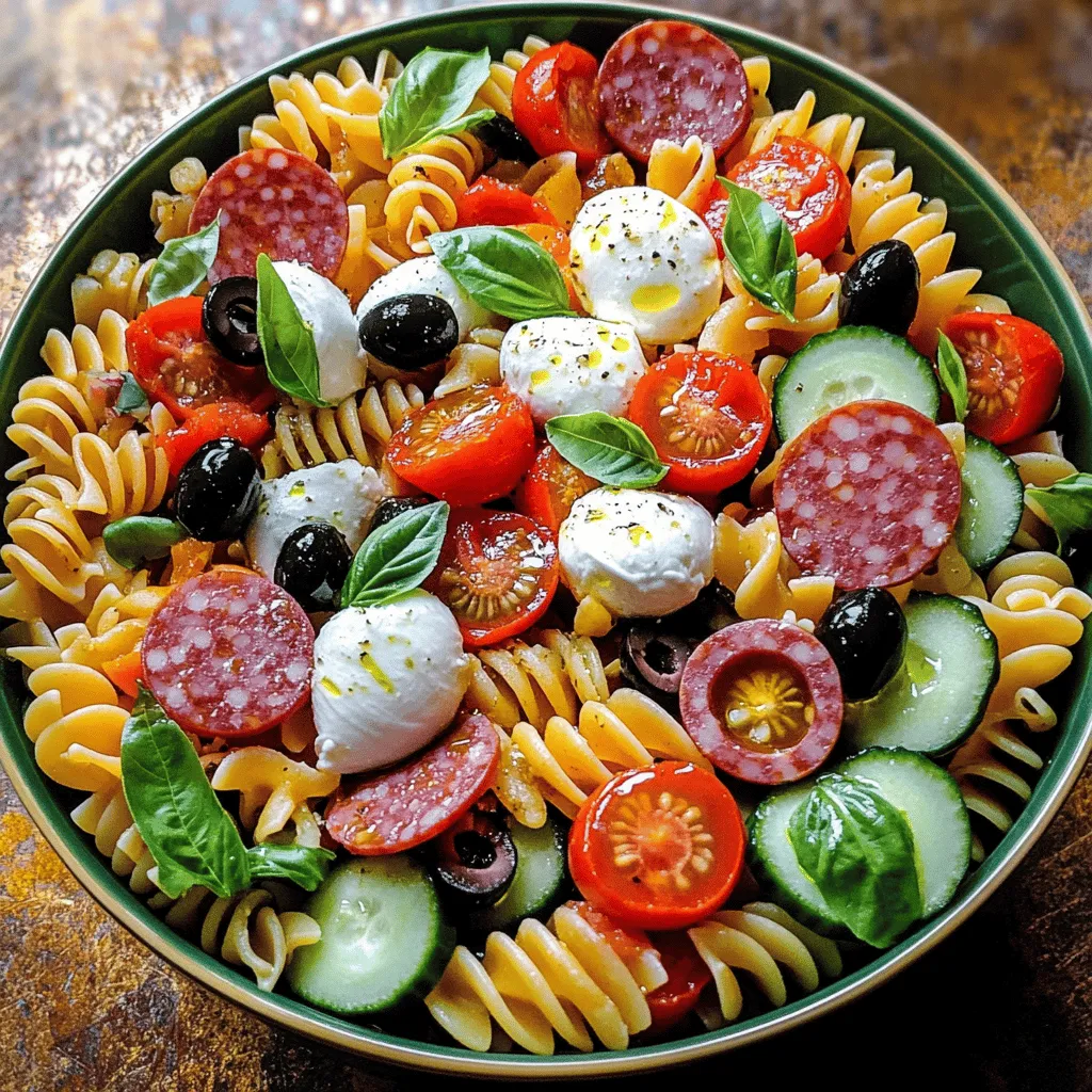 The best Italian pasta salad starts with a few key ingredients. First, you need pasta. I suggest rotini for its fun shape, which holds the dressing well. Next, add fresh vegetables. Cherry tomatoes and cucumbers bring bright colors and crunch. They also add vitamins and flavor.