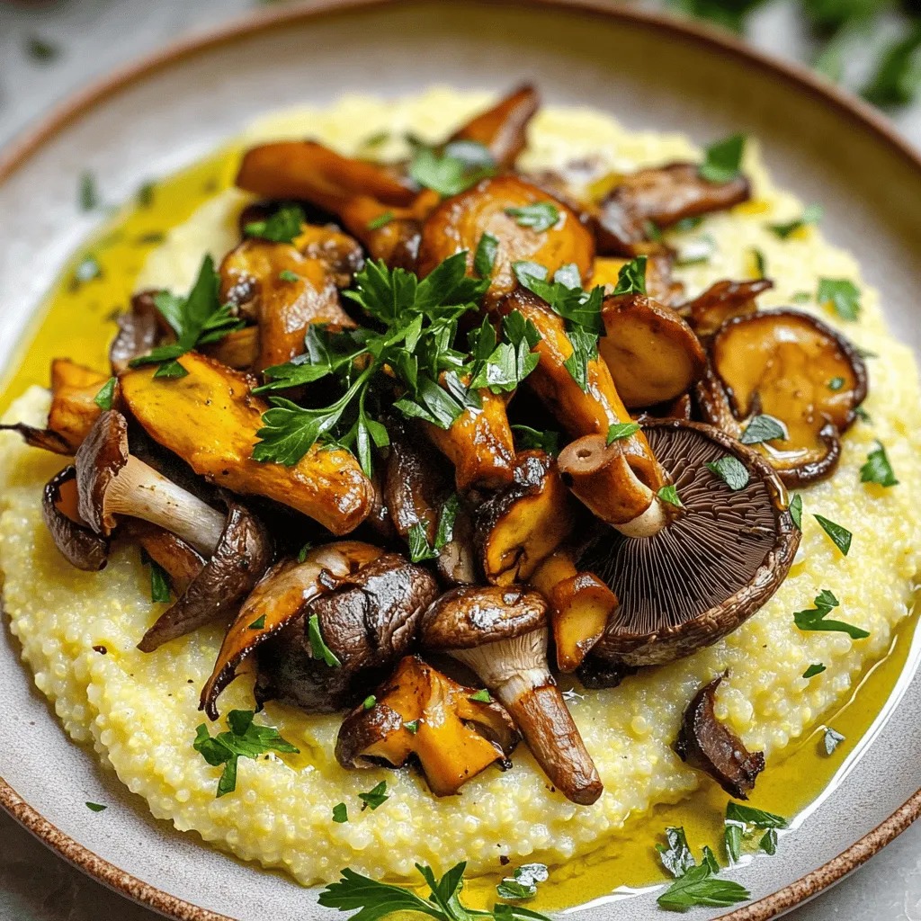 - 1 cup polenta (cornmeal) - 4 cups vegetable broth - 1 tablespoon olive oil - 2 tablespoons nutritional yeast - 1 teaspoon garlic powder - 8 oz mixed mushrooms (shiitake, cremini, and oyster) - Fresh thyme, salt, and pepper