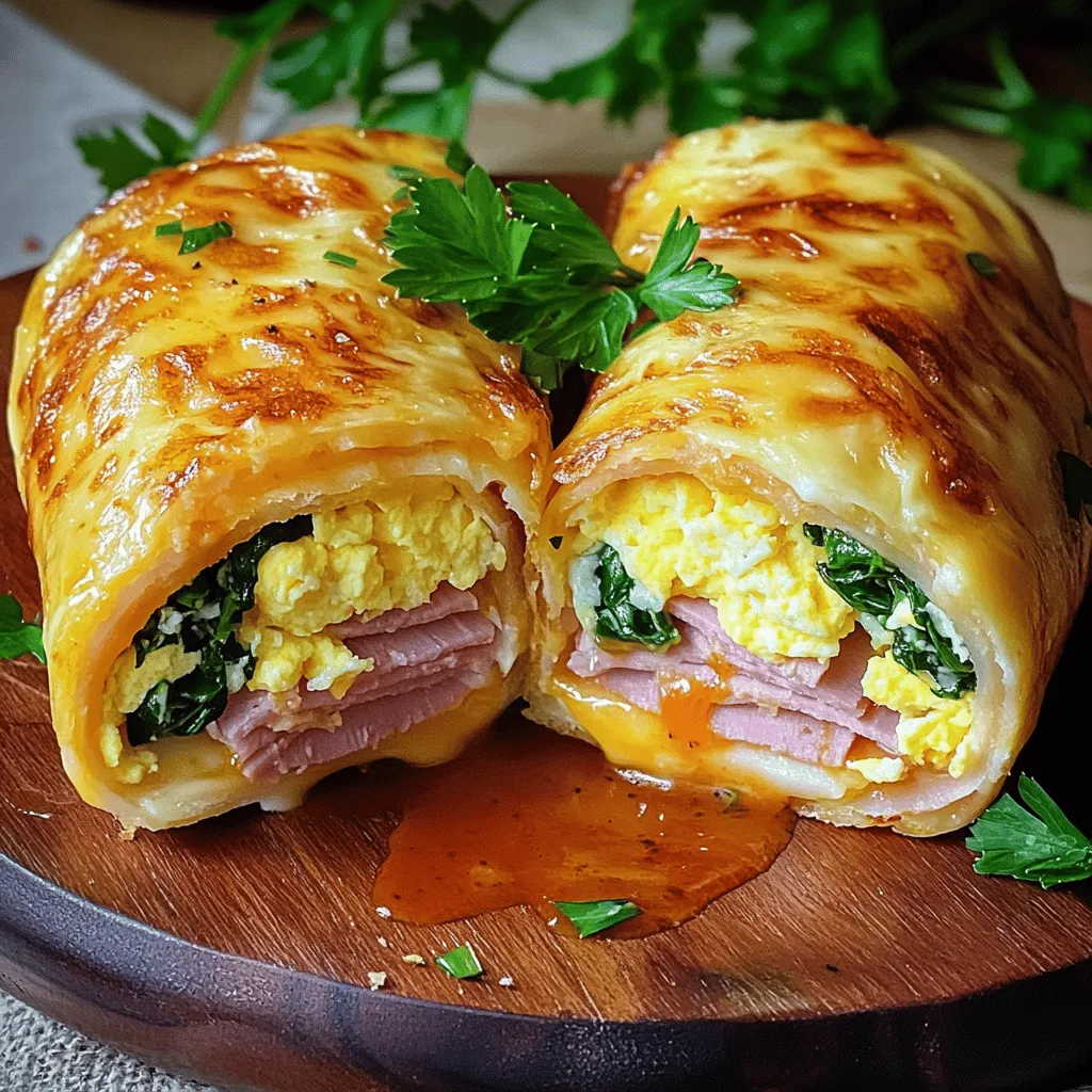 - 4 large eggs - 1/4 cup milk - 1/2 teaspoon salt - 1/4 teaspoon black pepper - 4 slices of deli ham - 1 cup shredded cheese (cheddar or your choice) - 1/2 cup spinach or arugula (optional) - 1 tablespoon olive oil - 4 whole wheat tortillas