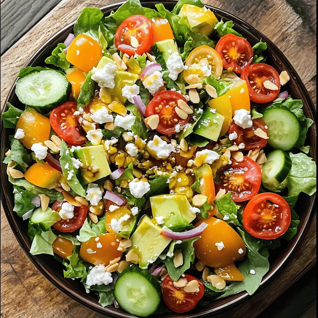 To make this vibrant salad, gather fresh produce that bursts with flavor. Here’s what you’ll need: - 4 cups mixed greens (spinach, arugula, and romaine) - 1 cup cherry tomatoes, halved - 1 cucumber, diced - 1 bell pepper (any color), chopped - 1 small red onion, thinly sliced - 1 avocado, sliced