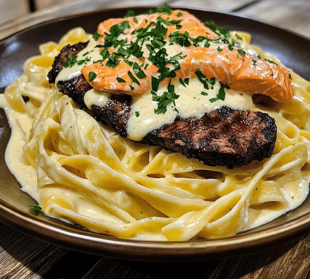 Welcome to the ultimate culinary experience that combines the rich, smoky flavors of blackened steak and salmon with the creamy goodness of Alfredo pasta. This Blackened Steak and Salmon Alfredo recipe is not just a dish; it