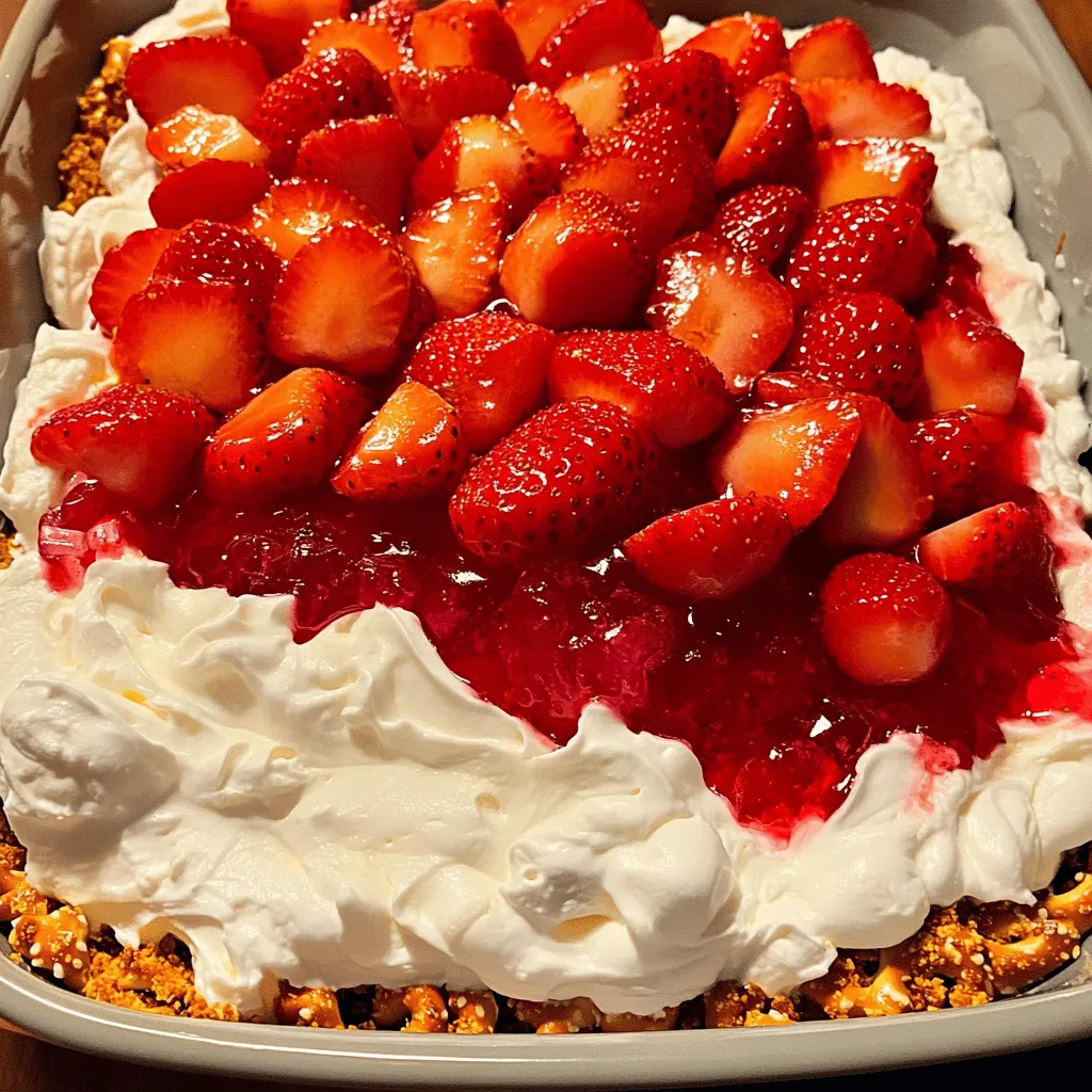 To make your Strawberry Pretzel Salad, gather these items: - 2 cups crushed pretzels - 1/2 cup unsalted butter, melted - 1/4 cup granulated sugar - 1 (8 oz) package cream cheese, softened - 1/2 cup powdered sugar - 1 (8 oz) container of whipped topping (like Cool Whip) - 2 cups fresh strawberries, hulled and sliced - 1 cup strawberry gelatin (such as Jell-O) - 2 cups boiling water - 1 1/2 cups cold water