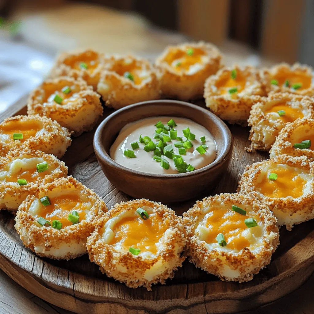 - 2 cups mashed potatoes (preferably leftover) - 1 cup shredded sharp cheddar cheese - 1/2 cup grated Parmesan cheese - 1/4 cup finely chopped green onions - 1/2 teaspoon garlic powder - 1/4 teaspoon black pepper - 1/4 teaspoon paprika - 1/2 cup all-purpose flour - 2 large eggs - 1 cup breadcrumbs (panko or regular) - Oil for frying