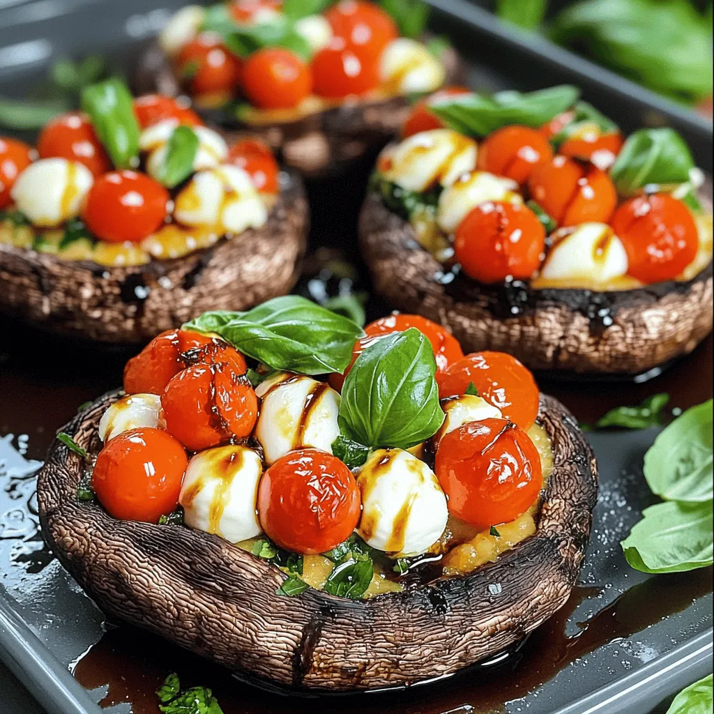 - 4 large Portobello mushrooms, stems removed - 1 cup cherry tomatoes, halved - 1 cup fresh mozzarella balls, halved - 1/4 cup fresh basil leaves, chopped - 2 tablespoons balsamic glaze - 2 tablespoons olive oil - 1 clove garlic, minced - Salt and pepper to taste