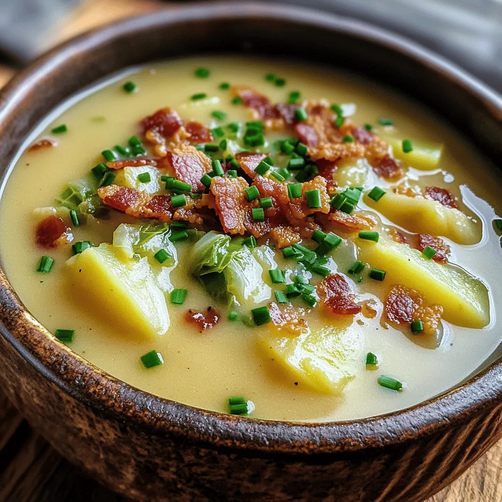 The key to a great Irish Bacon, Cabbage, and Potato Soup lies in its ingredients. First, you need six slices of Irish bacon. This bacon adds a savory flavor that sets the tone for the soup. The next important ingredient is the onion. One small onion, chopped, brings sweetness and depth to the dish. Garlic, two cloves minced, is a must for its aromatic qualities.