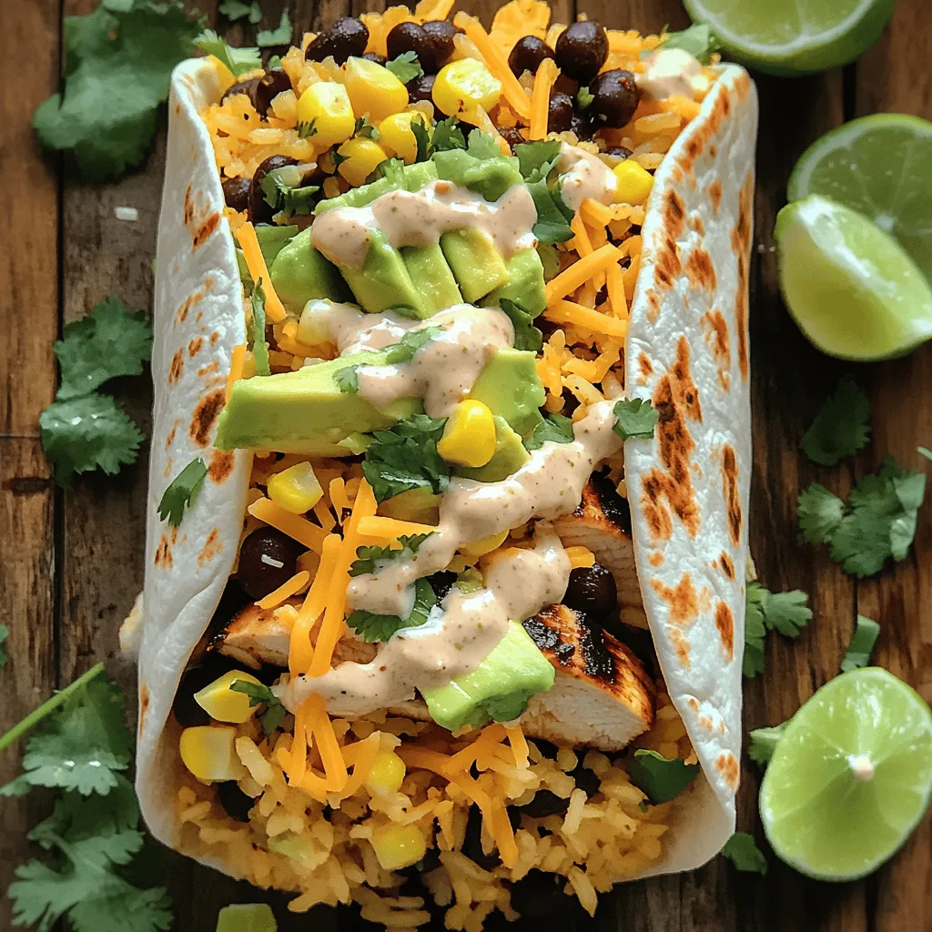 To make this tasty burrito, you need simple, fresh items. Here’s what you’ll need: - 2 boneless, skinless chicken breasts - 1 tablespoon olive oil - ½ cup chipotle ranch dressing - 1 cup cooked rice - 1 cup black beans, drained and rinsed - 1 cup corn - 1 cup shredded cheddar cheese - 1 avocado, sliced - ½ cup fresh cilantro, chopped - 4 large flour tortillas - Lime wedges for serving