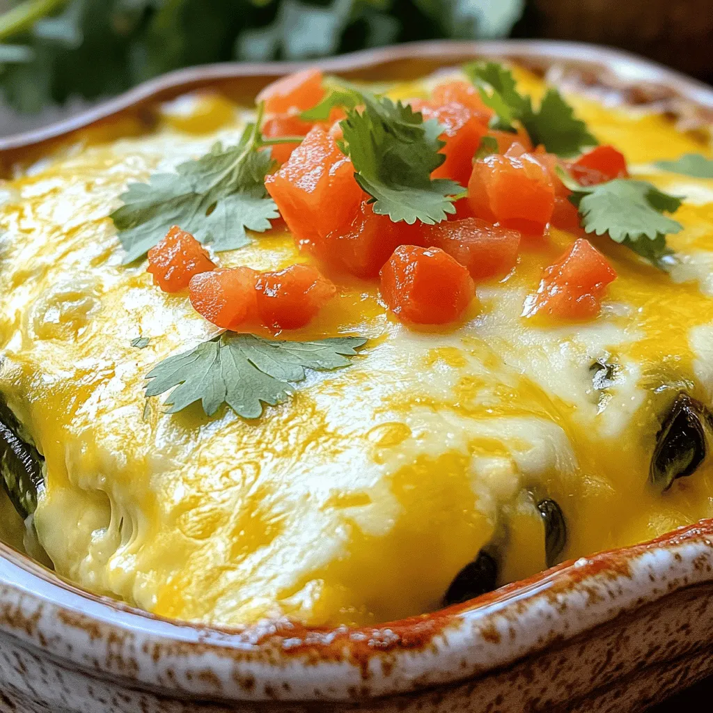 - 4 large poblano peppers - 1 cup shredded Monterey Jack cheese - 1 cup shredded cheddar cheese - 1 medium onion - 3 cloves garlic - 6 large eggs - 1 cup milk - 1 teaspoon ground cumin - 1 teaspoon baking powder - Salt and pepper - 1 cup diced tomatoes - Fresh cilantro
