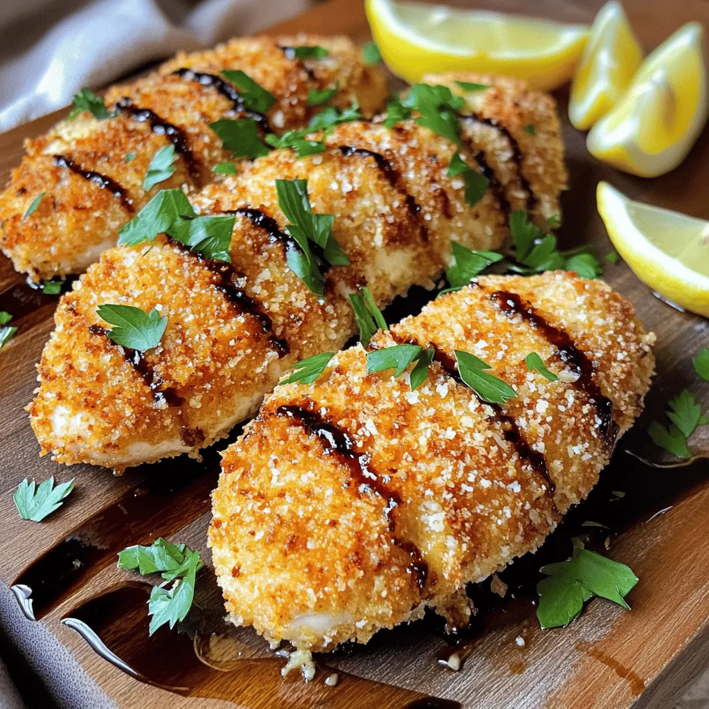 - 2 boneless, skinless chicken breasts - 1 cup grated Parmesan cheese - 1 cup panko breadcrumbs
