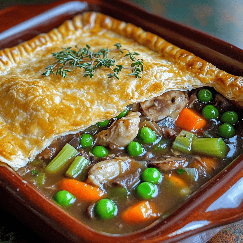 To make a Coq au Vin Pot Pie, you need simple yet flavorful ingredients. Start with four skinless, boneless chicken thighs. They provide a rich, tender taste. Next, gather two tablespoons of olive oil to sauté the chicken. You will also need one diced onion and two cloves of minced garlic for great flavor.