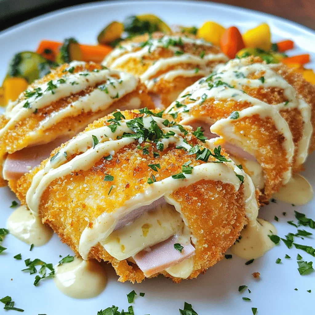 - 4 boneless, skinless chicken breasts - 8 slices of thinly sliced ham - 8 slices of Swiss cheese - 1 cup all-purpose flour - 2 large eggs, beaten - 2 cups panko breadcrumbs - 1 teaspoon garlic powder - 1 teaspoon onion powder - 1 teaspoon paprika - Salt and pepper to taste - 1/4 cup olive oil, for frying - 1/2 cup heavy cream - 1/4 cup chicken broth - 2 tablespoons Dijon mustard - 1 tablespoon fresh parsley, chopped for garnish