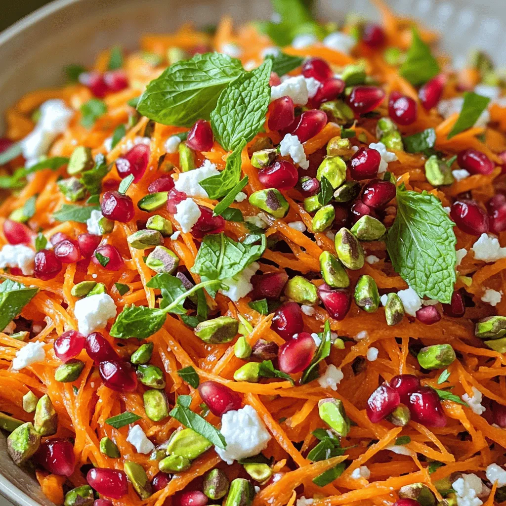 - 4 large carrots, grated - 1 cup pomegranate seeds - ½ cup pistachios, chopped - ¼ cup fresh mint leaves, finely chopped