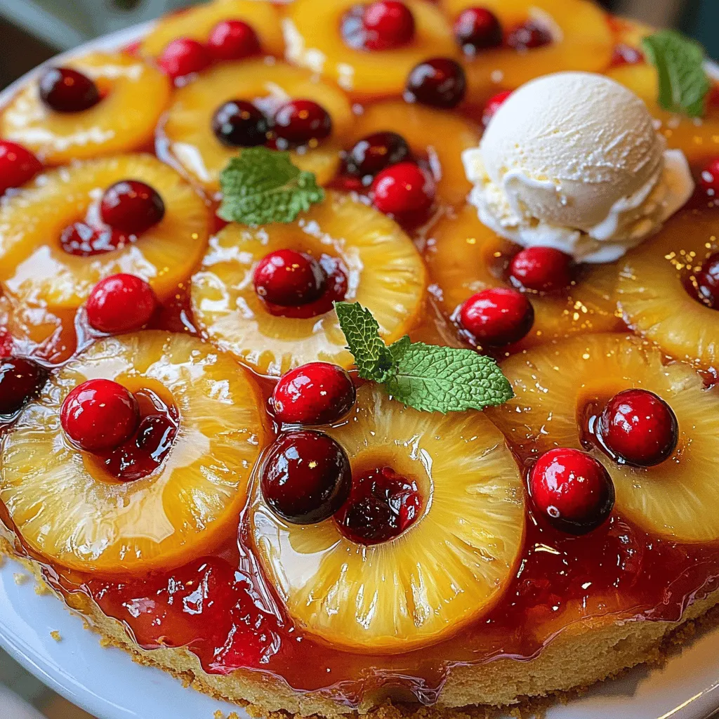 This Cranberry Pineapple Upside-Down Cake is a sweet treat. It combines juicy pineapples and tart cranberries for a burst of flavor.