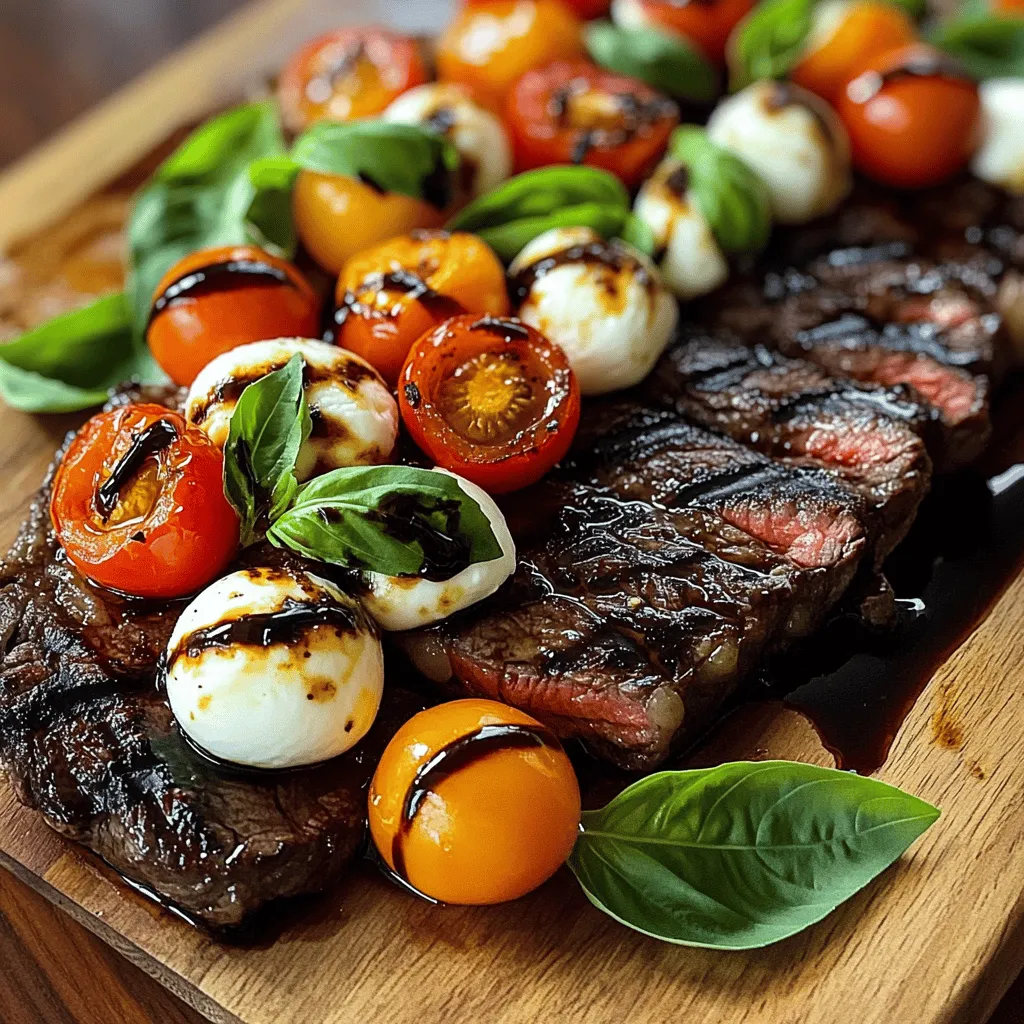 - 2 ribeye steaks (about 1 inch thick) - 1 cup cherry tomatoes, halved - 1 cup fresh mozzarella balls - 1 cup fresh basil leaves - 1/4 cup balsamic vinegar - 2 tablespoons olive oil - 2 cloves garlic, minced - Salt and pepper to taste - Optional: Crushed red pepper flakes for a spicy kick