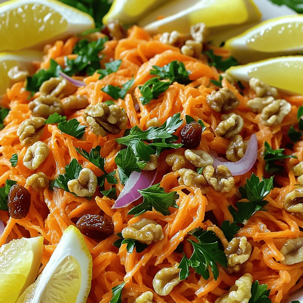 To make this fresh and zesty salad, you will need: - 4 large carrots, grated - 1/4 cup fresh parsley, finely chopped - 1/4 cup raisins (or cranberries for a twist) - 1/4 cup walnuts, chopped - 1/2 small red onion, finely sliced - 1 tablespoon extra virgin olive oil - 2 tablespoons freshly squeezed lemon juice - 1 tablespoon Dijon mustard - 1 teaspoon honey (or maple syrup for a vegan option) - Salt and black pepper to taste