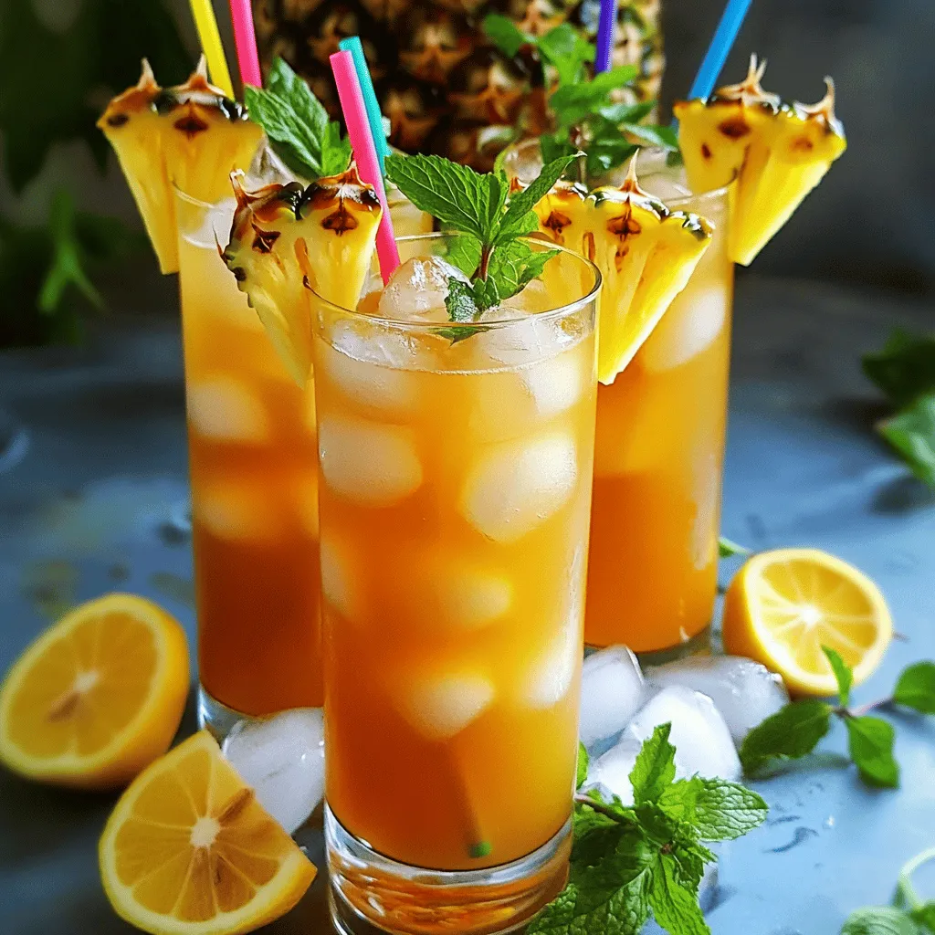 The main ingredients in this lemony pineapple iced tea recipe are simple and fresh. You need water, black tea, pineapple juice, and lemon juice. You also need honey or sugar to sweeten the drink. Fresh pineapple slices and lemon wedges make great garnishes. Mint leaves are optional for a refreshing touch.