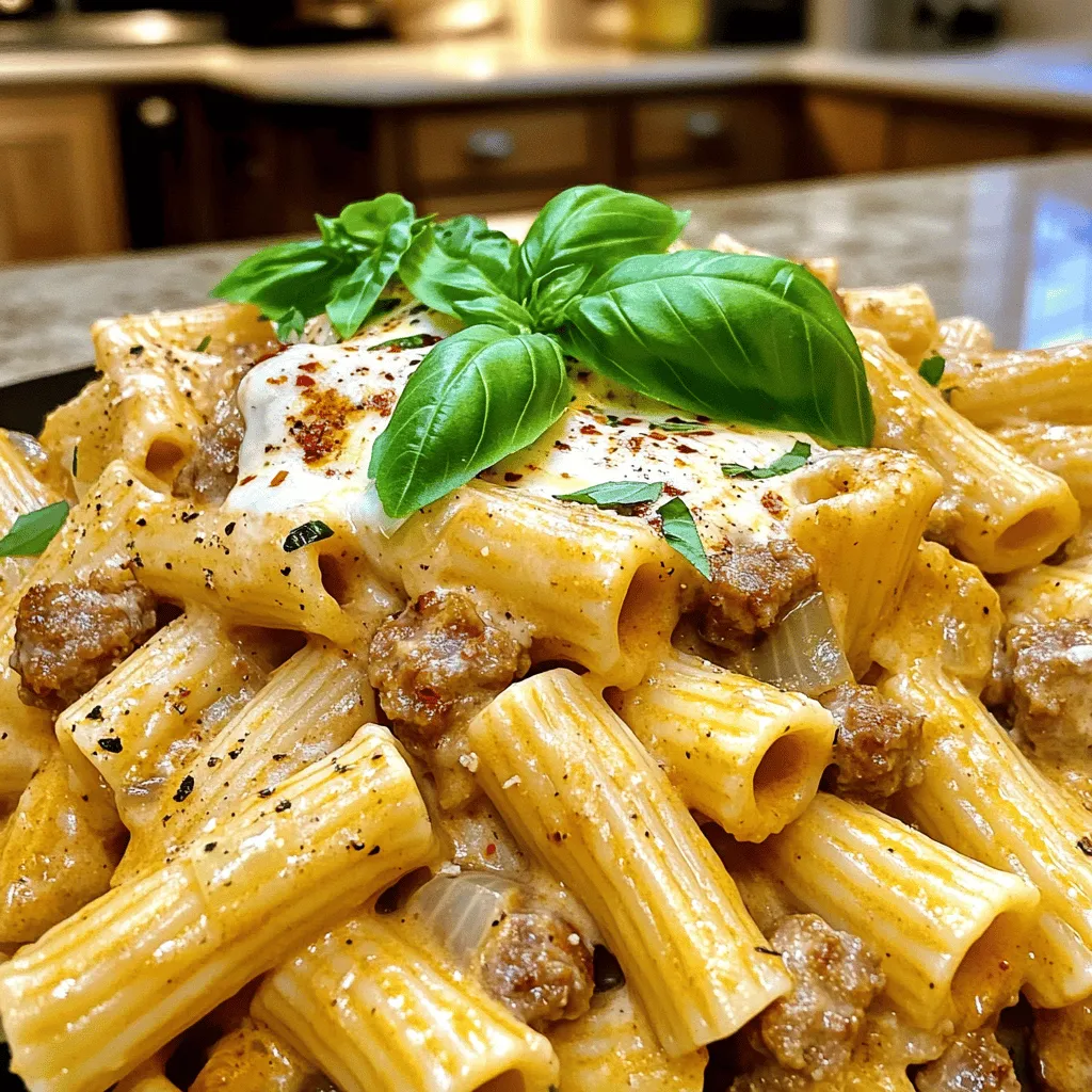 - 12 oz rigatoni pasta - 1 lb Italian sausage (mild or spicy) - 1 medium onion, finely chopped - 3 cloves garlic, minced