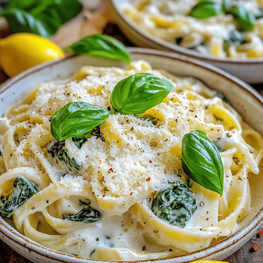 - 250g pasta (fettuccine or spaghetti) - 2 cups fresh spinach, chopped - 4 cloves garlic, minced