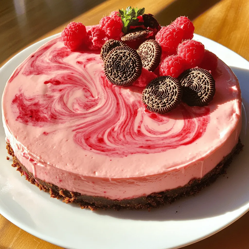 To make this tasty cheesecake, gather these key items: - 18 pink Oreo cookies (or regular if unavailable) - 4 tablespoons unsalted butter, melted - 2 cups cream cheese, softened - 1 cup powdered sugar - 1 teaspoon vanilla extract - 1 cup heavy whipping cream - 1/2 cup pink raspberry puree (fresh or frozen) - Extra pink Oreos, crushed, for garnish - Fresh raspberries, for garnish