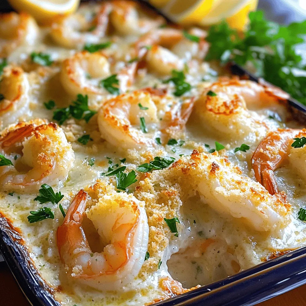 To make a great garlic shrimp gratin, start with fresh shrimp. I recommend using one pound of large shrimp. Always peel and devein the shrimp for the best taste. The shrimp should be firm and pink. This ensures they cook well and absorb all the flavors in the dish.