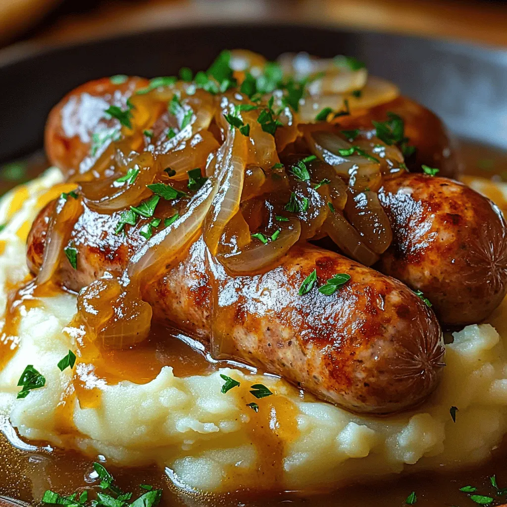 - 4 pork sausages (your choice of herbal or spicy) - 2 pounds potatoes, peeled and chopped - 1/2 cup milk - 4 tablespoons butter - Salt and pepper to taste - 2 large onions, thinly sliced - 2 tablespoons sugar (brown or white) - 2 tablespoons all-purpose flour - 2 cups beef or vegetable broth - 1 teaspoon Worcestershire sauce - Fresh parsley, chopped (for garnish)