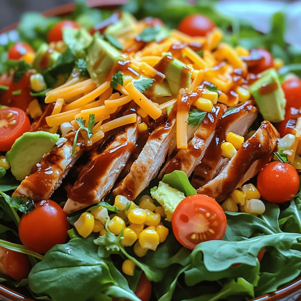 To make a great BBQ chicken salad, you need key ingredients. Start with two boneless, skinless chicken breasts. Use your favorite BBQ sauce, about one cup. For the salad base, get four cups of mixed salad greens. I love using arugula, spinach, and romaine. Add one cup of halved cherry tomatoes for sweetness. A cup of corn adds a nice crunch, whether fresh or canned. Slice half of a red onion thinly for a sharp taste. Don