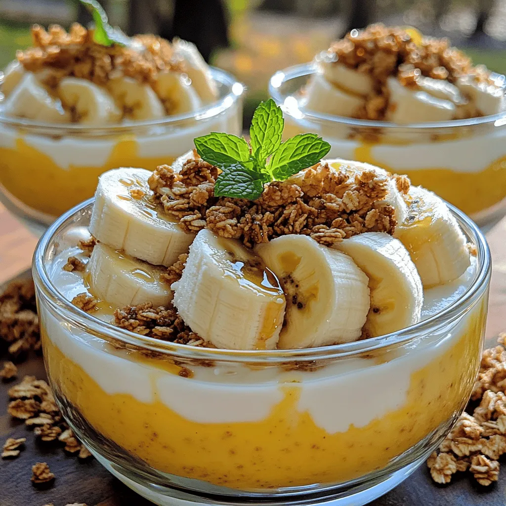 - 2 ripe bananas, mashed - 2 cups plain Greek yogurt - 2 tablespoons honey or maple syrup - 1 teaspoon vanilla extract - 1/4 cup almond milk (or milk of choice) - 1 teaspoon cinnamon - 1/2 cup granola (for topping) - Fresh banana slices and mint leaves (for garnish)