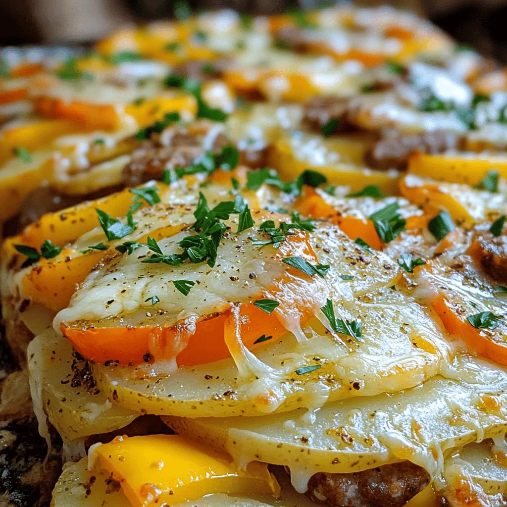 - 1 pound smoked sausage, sliced - 4 medium russet potatoes, thinly sliced - 1 large onion, chopped