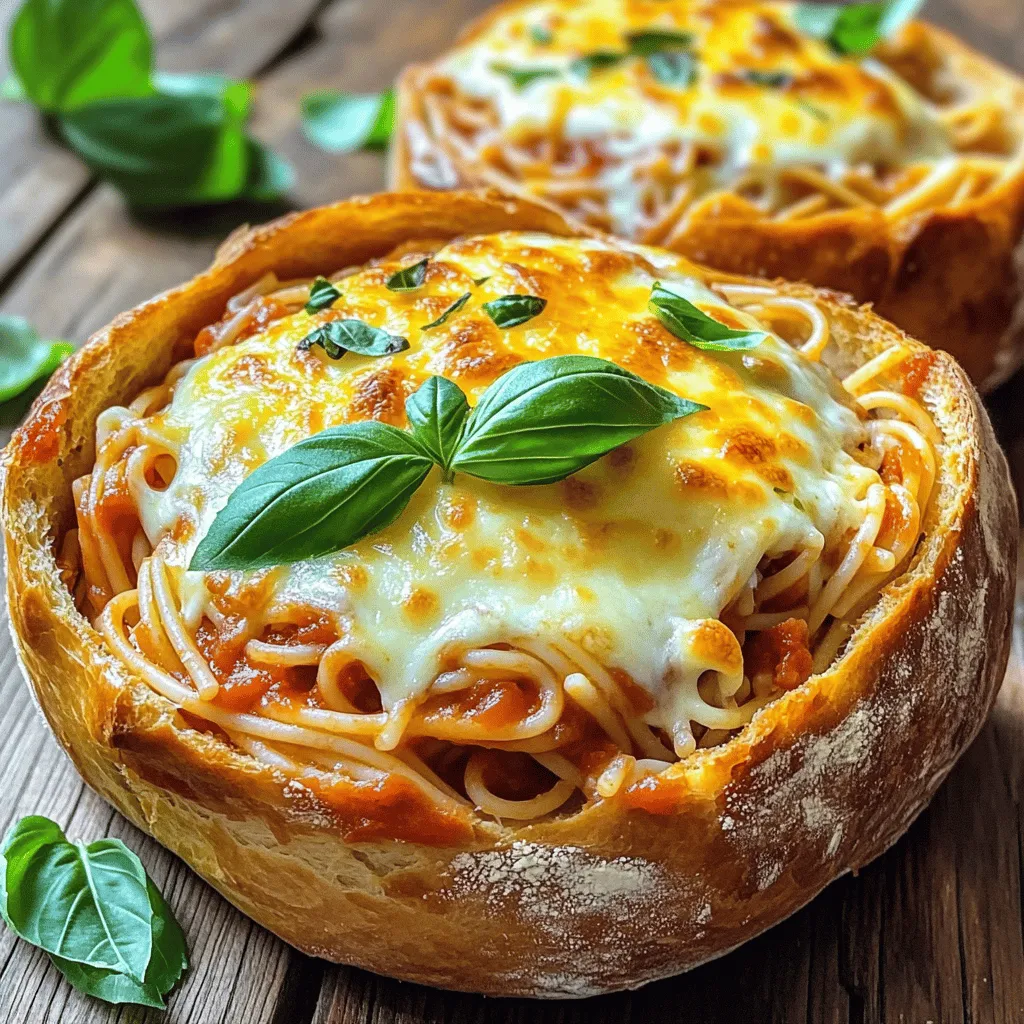 To make bread bowl spaghetti, you need simple and fresh ingredients. Start with 4 large bread bowls, which should be hollowed-out artisan loaves. Use 300g of spaghetti, which will serve as the main dish. You also need 2 tablespoons of olive oil. The flavor comes from 3 cloves of minced garlic and 1 finely chopped medium onion. For the sauce, grab 1 can of diced tomatoes (400g). Add 1 teaspoon each of dried oregano and dried basil. Don
