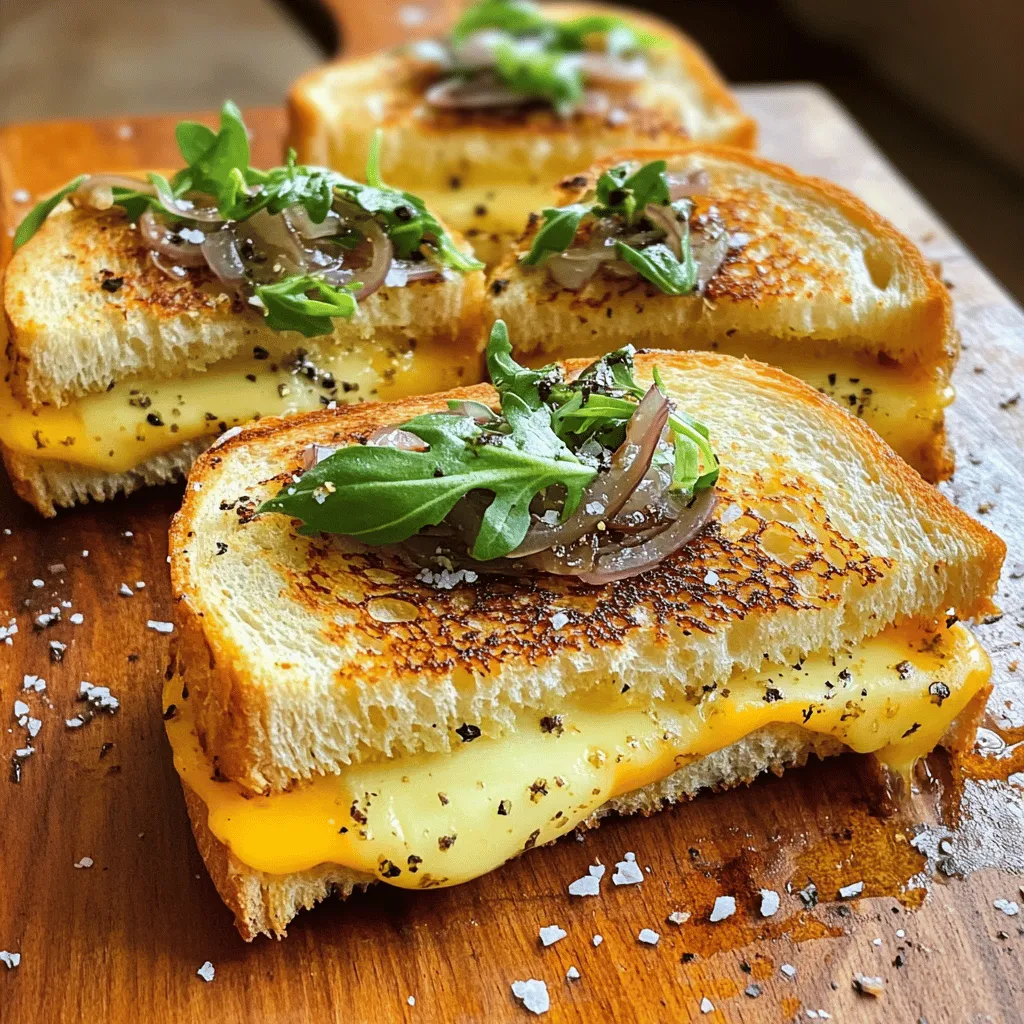 - 4 slices of sourdough bread - 4 slices of aged cheddar cheese - 4 slices of Gruyère cheese - 2 tablespoons truffle oil - 2 tablespoons unsalted butter, softened