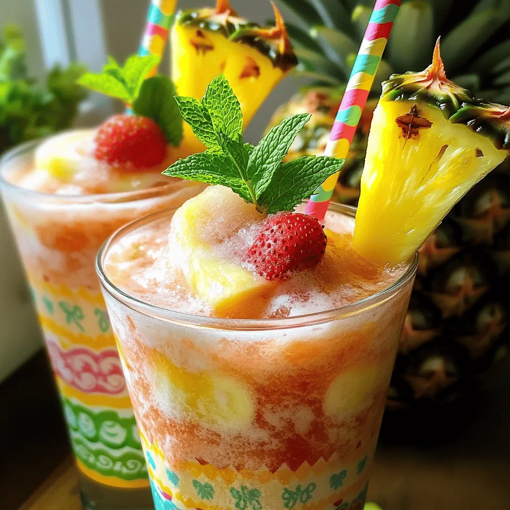 To make a Pink Flamingo Colada, you need a few key ingredients. First, use 1 cup of diced fresh pineapple. This gives the drink its sweet and fruity flavor. Next, add 1 cup of coconut milk. This makes the drink creamy and rich. You also need 1 cup of frozen strawberries. These add a fun pink color and a nice tartness.