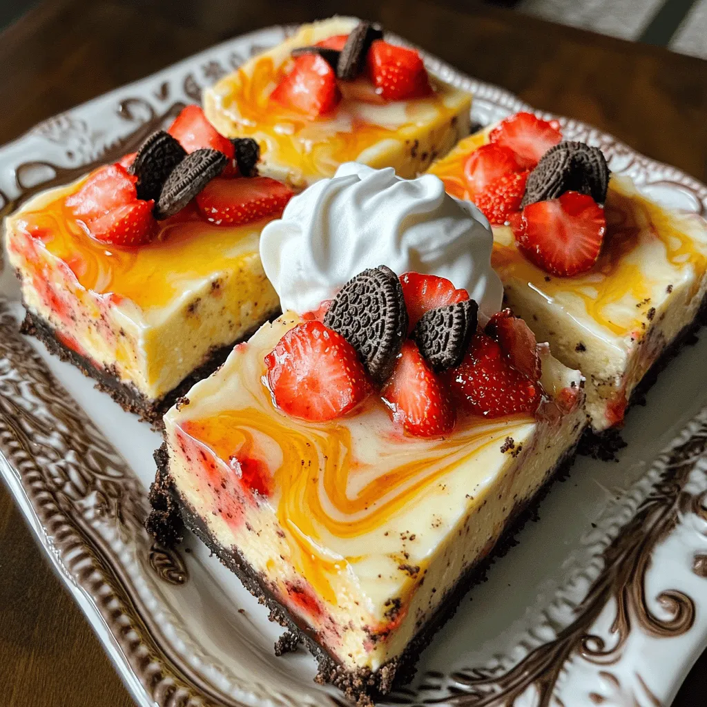 Golden Oreo Strawberry Cheesecake Bars are a sweet treat that mixes rich flavors. They have a smooth cheesecake base, a crunchy Golden Oreo crust, and fresh strawberries. This dessert looks great and tastes better.
