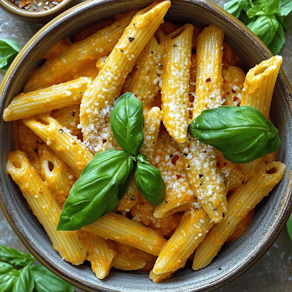 To make creamy vodka pasta, gather these main ingredients: - 12 oz penne pasta - 1 tablespoon olive oil - 4 cloves garlic, minced - 1 can (14 oz) crushed tomatoes - 1 cup heavy cream - 1 teaspoon red pepper flakes (adjust to taste) - 1 teaspoon sugar - Salt and pepper to taste - 1 cup fresh basil leaves, chopped - ½ cup grated Parmesan cheese (plus more for serving)