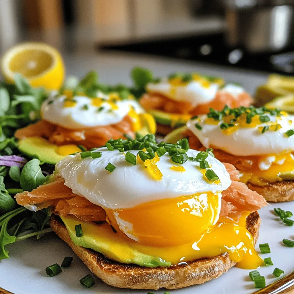 - 4 large eggs - 2 English muffins, split and toasted - 4 slices of smoked salmon - 1 ripe avocado, sliced - 2 tablespoons white vinegar - Salt and pepper to taste - Fresh chives, finely chopped (for garnish)