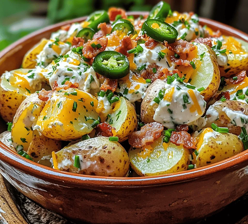 Imagine digging into a bowl filled with tender, roasted baby potatoes, laced with the spicy kick of jalapeños, rich cream cheese, and crispy pieces of bacon. The flavor profile of this dish is a delightful combination of spicy, creamy, and savory elements, creating an explosion of taste in every bite. The creamy texture of the salad is balanced by the heat from the jalapeños, while the smoky flavor of the bacon brings an added depth that is hard to resist.
