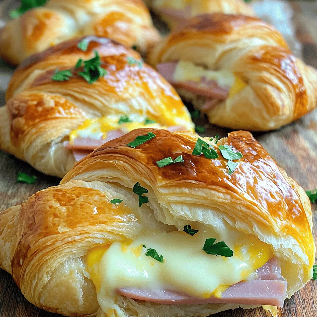 - 4 large croissants - 200g cooked ham, sliced - 150g cheese (e.g., Gruyère or cheddar), sliced - 2 tablespoons Dijon mustard - 1 tablespoon butter, melted - 1/2 teaspoon garlic powder - 1/4 teaspoon black pepper - Fresh parsley, finely chopped (for garnish)