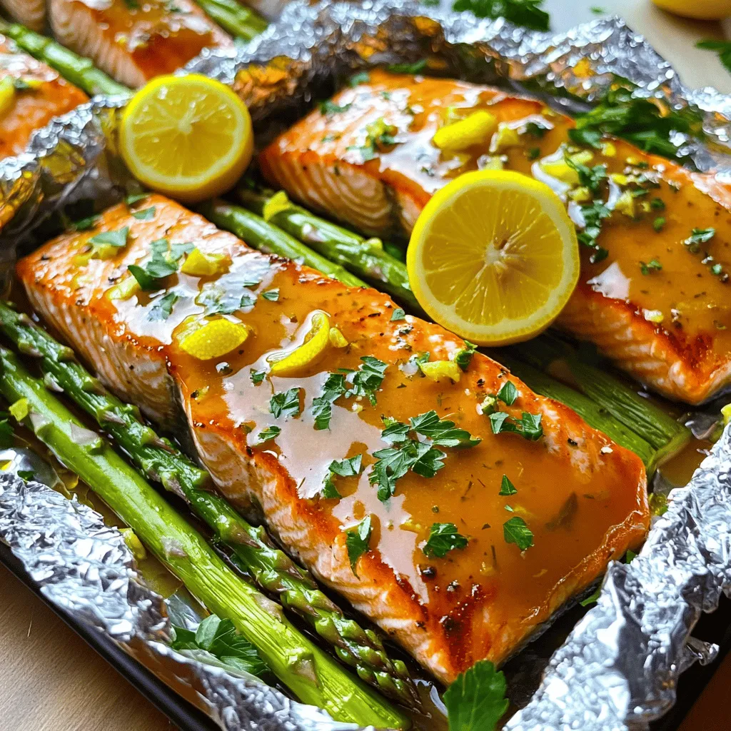 Baked Salmon in Foil with Asparagus and Lemon Garlic Sauce