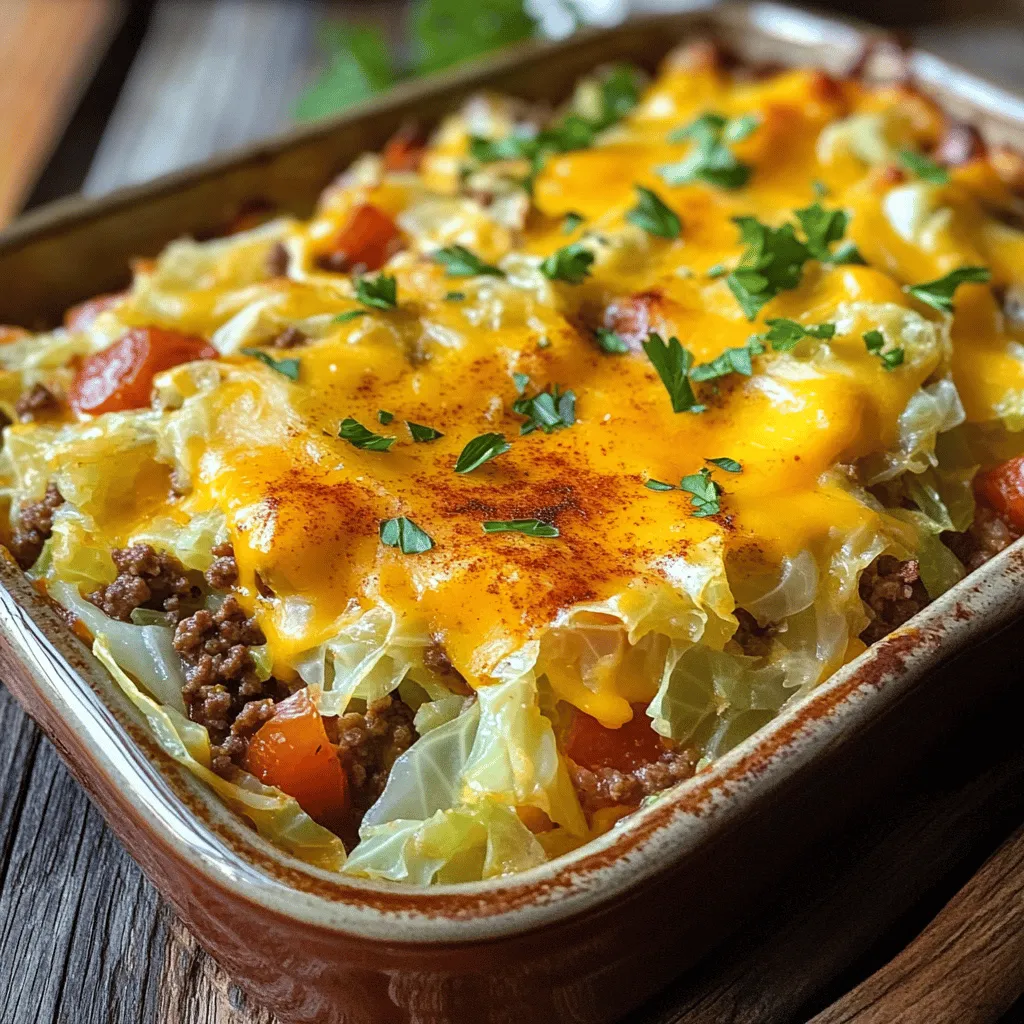 The key ingredients make this cabbage casserole recipe a hit. You need a medium green cabbage, chopped into bite-sized pieces. It adds texture and nutrition. Ground beef is next. I use one pound for a hearty base. You also need one diced onion and three minced garlic cloves. They create rich flavors when cooked.