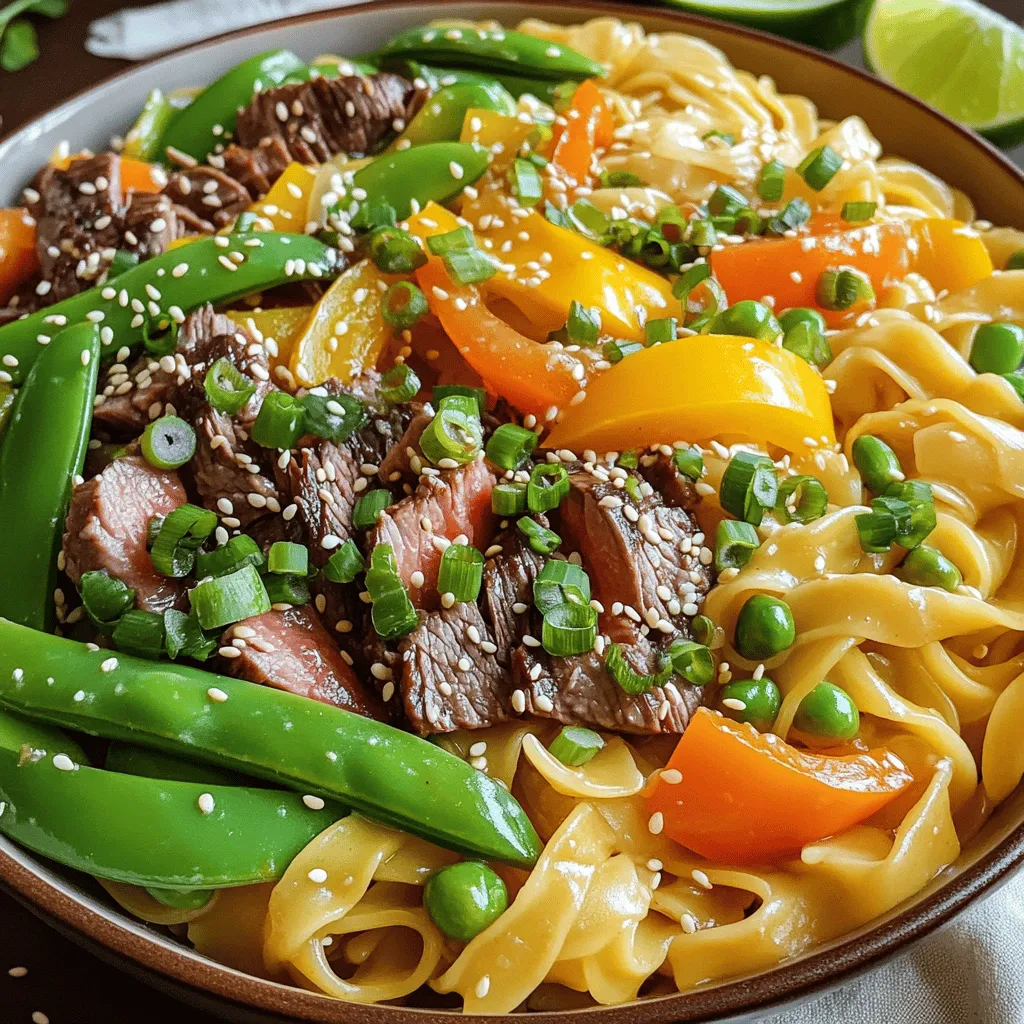 In this dish, you will find a mix of flavors and textures. The key ingredients are simple yet vital. First, you need 8 oz of egg noodles. These noodles soak up the sauce well. I prefer ribeye or sirloin steak, about 1 lb, thinly sliced. This choice offers a rich flavor.