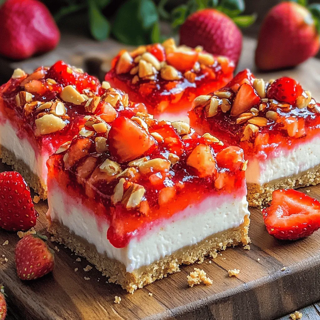 To make these tasty bites, gather the following ingredients: - 1 cup graham cracker crumbs - 1/2 cup unsalted butter, melted - 8 oz cream cheese, softened - 1/2 cup powdered sugar - 1 teaspoon vanilla extract - 1/2 cup heavy whipping cream - 1 cup fresh strawberries, diced - 1/4 cup strawberry jam - 1/2 cup crushed nuts (walnuts or almonds) - Extra whole strawberries for garnish