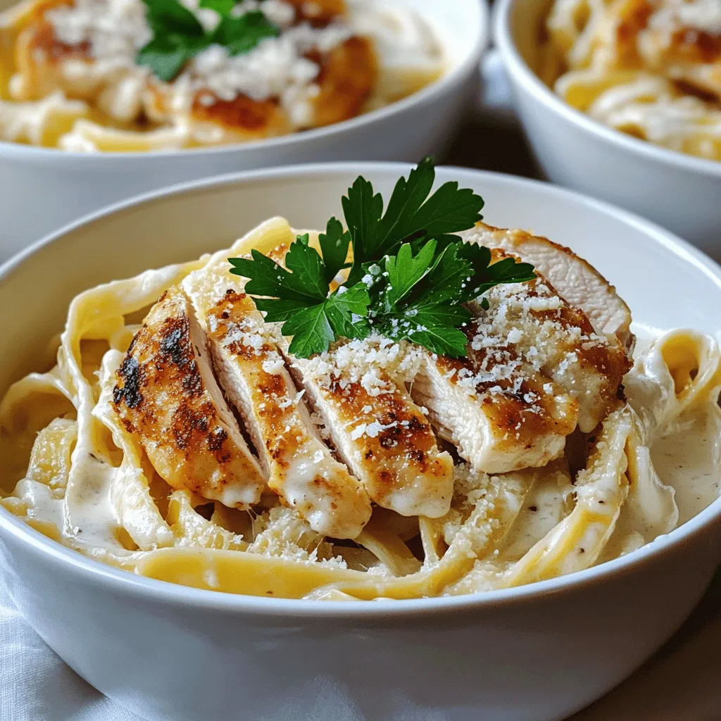 To make creamy chicken fettuccine Alfredo, you need these key items: - 8 oz fettuccine pasta - 2 boneless, skinless chicken breasts - 2 tablespoons olive oil - Salt and black pepper to taste - 3 cloves garlic, minced - 1 cup heavy cream - 1 cup freshly grated Parmesan cheese - 1 teaspoon Italian seasoning - 1/4 teaspoon nutmeg (optional) - Fresh parsley, chopped, for garnish