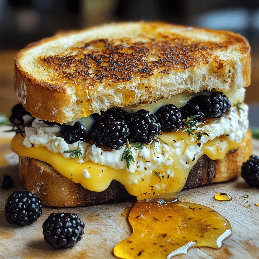 - 4 slices of sourdough bread - 4 oz goat cheese, softened - 1 cup fresh blackberries - 2 tablespoons honey - 1 tablespoon fresh thyme leaves - 2 tablespoons unsalted butter - Pinch of salt and pepper