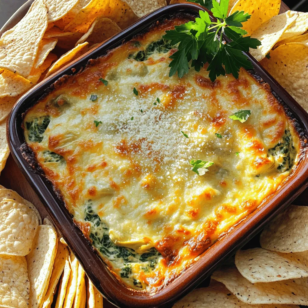To make your Spinach Artichoke Parmesan Dip, gather these tasty ingredients: - 1 cup frozen spinach, thawed and drained - 1 can (14 oz) artichoke hearts, drained and chopped - 1 cup cream cheese, softened - 1/2 cup sour cream - 1/2 cup mayonnaise - 1 cup grated Parmesan cheese - 1 cup shredded mozzarella cheese - 2 cloves garlic, minced - 1 teaspoon onion powder - 1/2 teaspoon red pepper flakes (optional) - Salt and pepper to taste