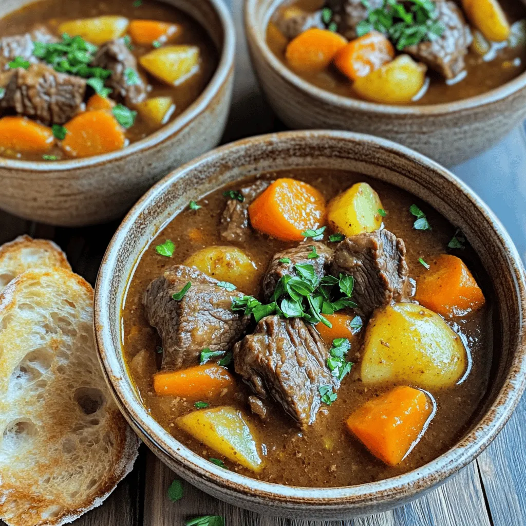 - 2 pounds chuck roast, cut into 1-inch cubes - 3 tablespoons olive oil - 1 large onion, chopped - 3 cloves garlic, minced - 4 medium carrots, sliced